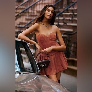 NWT Anthropologie Mare Mare Faux Suede Strapless Corset Pleated Mini Dress Sz S